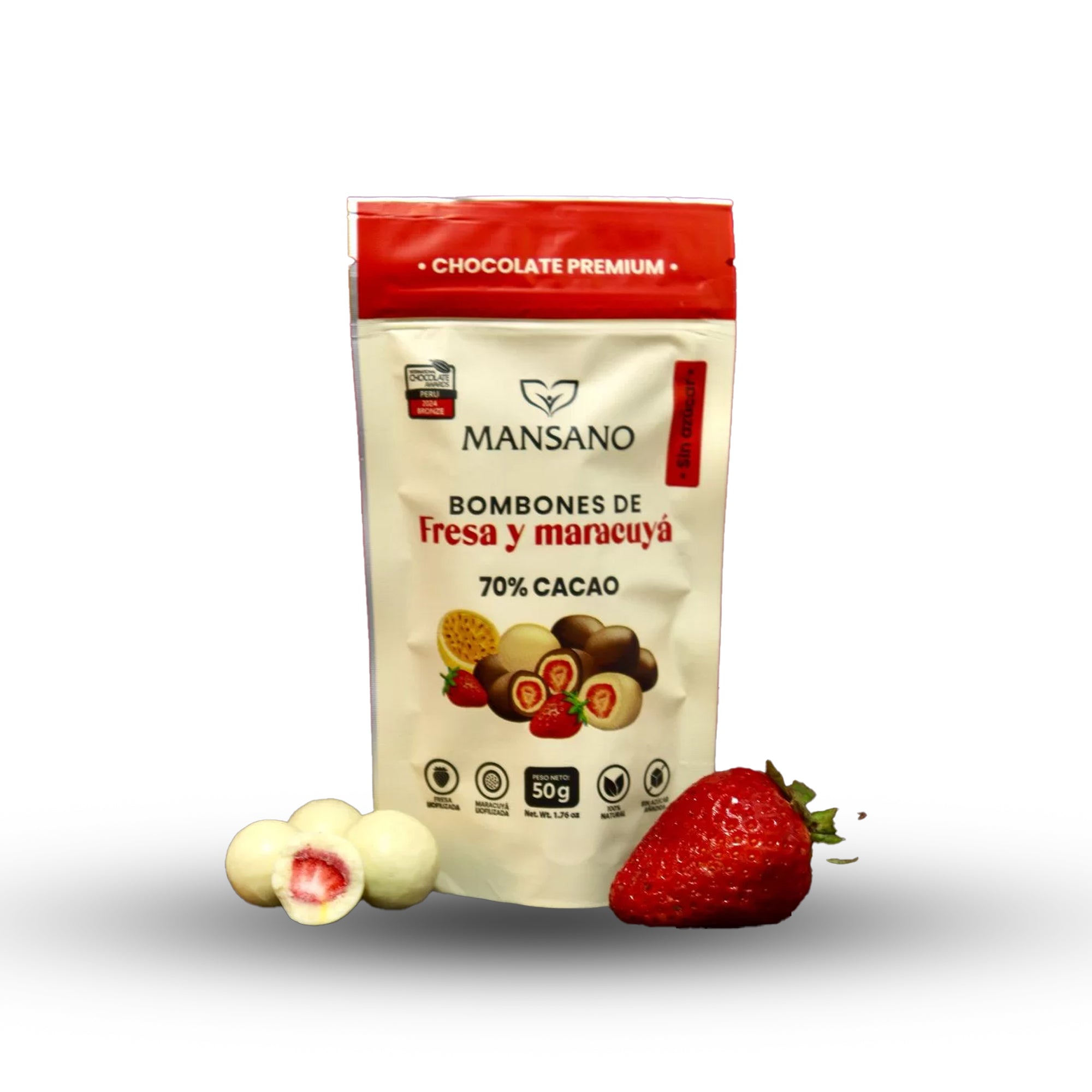 BOMBONES DE FRESA Y MARACUYA70% CACAO SIN AZUCAR - 50g