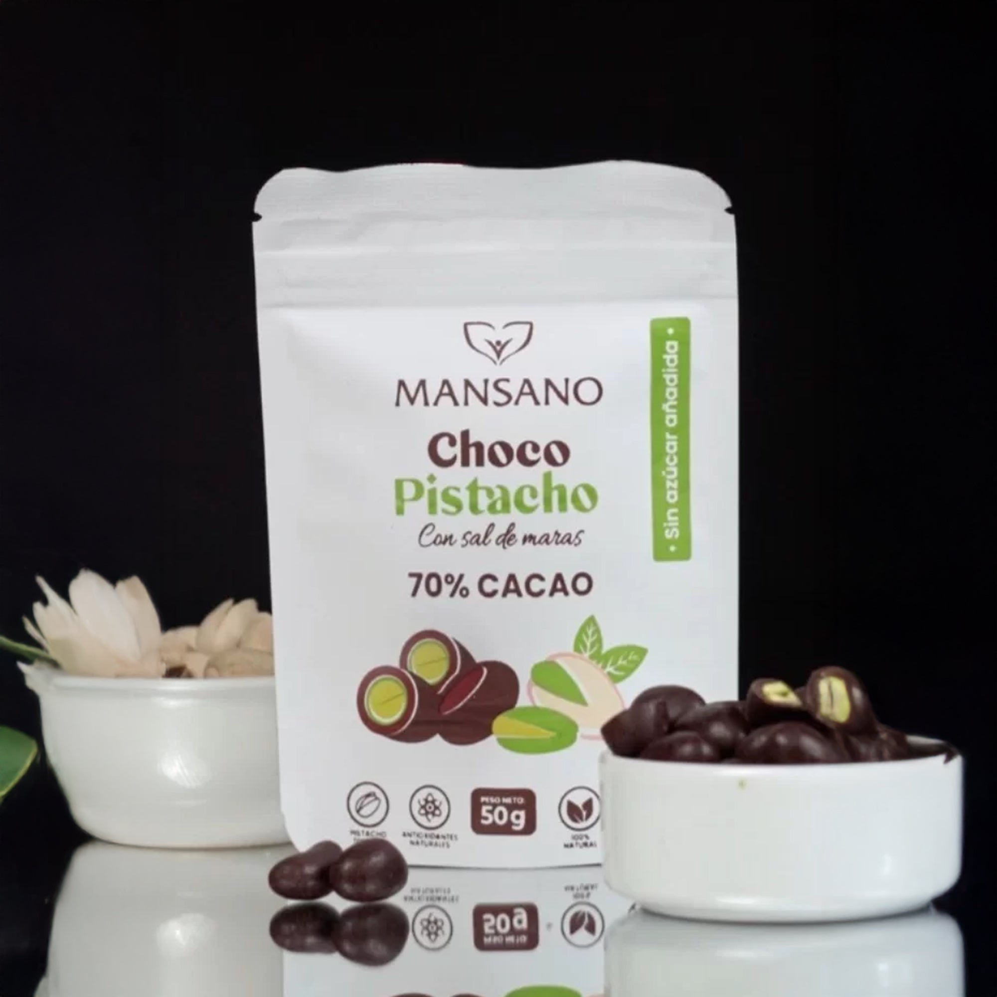 CHOCO PISTACHOS PREMIUM 70% CACAO 
CON SAL DE MARAS  SIN AZUCAR - 50g